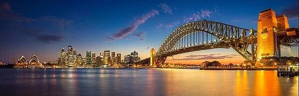Sydney. Panoramic image of Sydney, Australia with Harbour Bridge during twilight blue hour