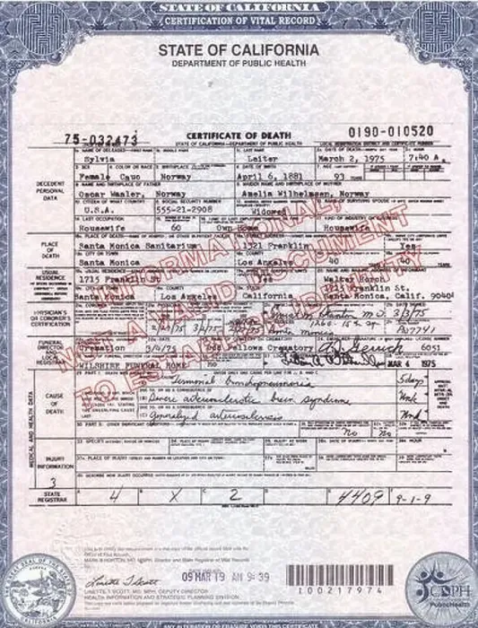 Framed Print : Sylvia of Hollywood death certificate Framed Print : Sylvia of Hollywood death certificate