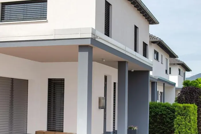 Framed Print : Symbolic image real estate: Detail of modern white detached houses in a new building area Framed Print : Symbolic image real estate: Detail of modern white detached houses in a new building area