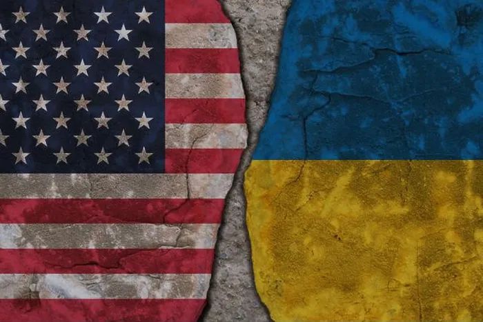 Framed Print : Symbolic split between USA and Ukraine flags on cracked stone wall texture Framed Print : Symbolic split between USA and Ukraine flags on cracked stone wall texture