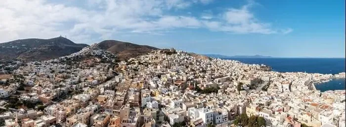 Framed Print : Syros island, Greece, Cyclades capital Ermoupolis cityscape panorama