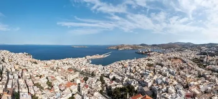 Framed Print : Syros island, Greece, Cyclades capital Ermoupolis cityscape panorama