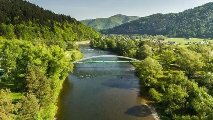 Framed Print : Szczawnica townscape and Dunajec River bends. Aerial drone view at springtime Framed Print : Szczawnica townscape and Dunajec River bends. Aerial drone view at springtime