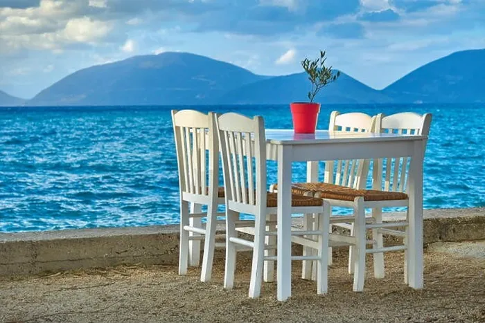 Framed Print : Table with chairs in traditional Greek tavern, Sami, Kefalonia Island, Greece Framed Print : Table with chairs in traditional Greek tavern, Sami, Kefalonia Island, Greece