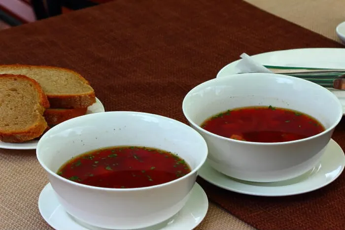 Framed Print : on the table there are two plates of Ukrainian borsch Framed Print : on the table there are two plates of Ukrainian borsch
