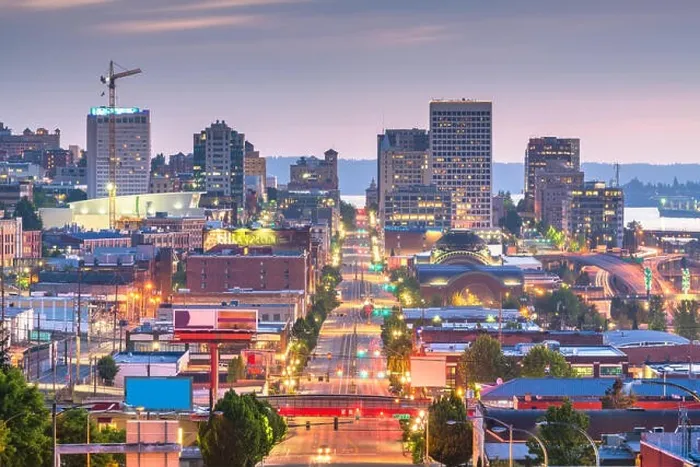 Framed Print : Tacoma, Washington, USA cityscape over Pacific Ave at twilight Framed Print : Tacoma, Washington, USA cityscape over Pacific Ave at twilight