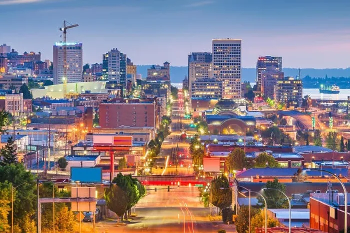 Framed Print : Tacoma, Washington, USA cityscape over Pacific Ave at twilight Framed Print : Tacoma, Washington, USA cityscape over Pacific Ave at twilight