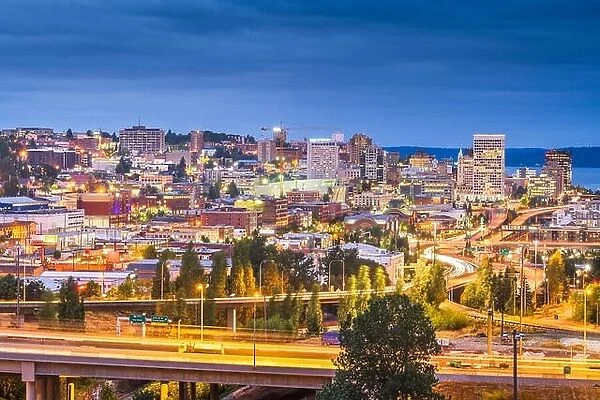 Tacoma, Washington, USA skyline at night