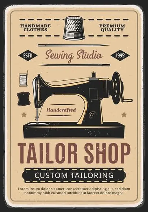 Framed Print : Tailor shop, sewing studio retro vector poster with machine and spool of thread Framed Print : Tailor shop, sewing studio retro vector poster with machine and spool of thread