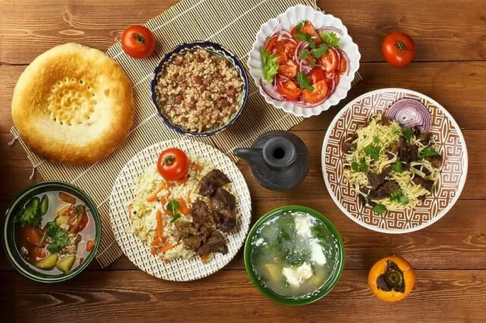Framed Print : Tajik cuisine, Traditional assorted Tajik dishes, Top view Framed Print : Tajik cuisine, Traditional assorted Tajik dishes, Top view