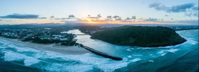 Framed Print : Tallebudgera creek mouth at dusk. Aerial panorama of Gold Coast, Queensland, Australia Framed Print : Tallebudgera creek mouth at dusk. Aerial panorama of Gold Coast, Queensland, Australia