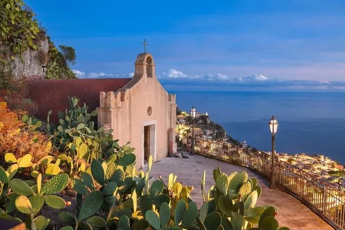 Framed Print : Taormina, Sicily, Italy with the ancient Church of San Biagio at dusk Framed Print : Taormina, Sicily, Italy with the ancient Church of San Biagio at dusk