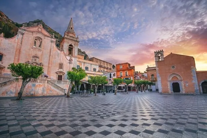 Framed Print : Taormina, Sicily, Italy. Cityscape image of picturesque town of Taormina, Sicily with main square Piazza IX Aprile and San Giuseppe church at sunrise
