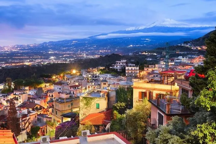 Framed Print : Taormina, Sicily, Italy historic town at dusk Framed Print : Taormina, Sicily, Italy historic town at dusk