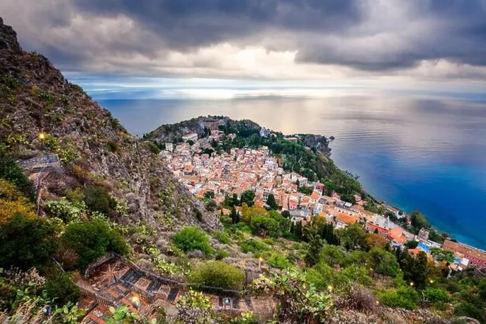 Framed Print : Taormina, Sicily, Italy historic town at dusk Framed Print : Taormina, Sicily, Italy historic town at dusk