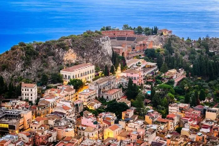 Framed Print : Taormina, Sicily, Italy historic town at dusk Framed Print : Taormina, Sicily, Italy historic town at dusk
