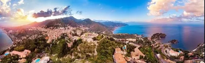 Framed Print : Taormina, Sicily Italy panoramic drone photo sunset, volcano Etna in clouds. Aerial top view Framed Print : Taormina, Sicily Italy panoramic drone photo sunset, volcano Etna in clouds. Aerial top view