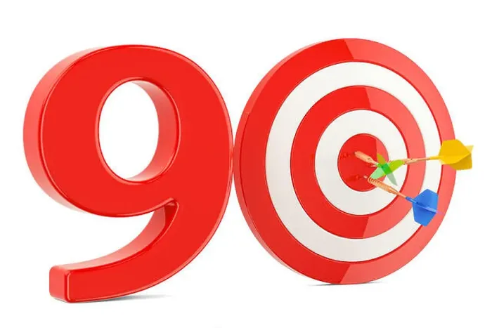 Framed Print : Target 90, success and achievement concept. 3D rendering isolated on white background Framed Print : Target 90, success and achievement concept. 3D rendering isolated on white background