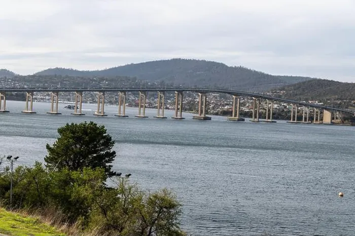 Framed Print : The Tasman Bridge connects the Tasman Highway over the River Derwent at Montagu Bay near Hobart in Tasmania