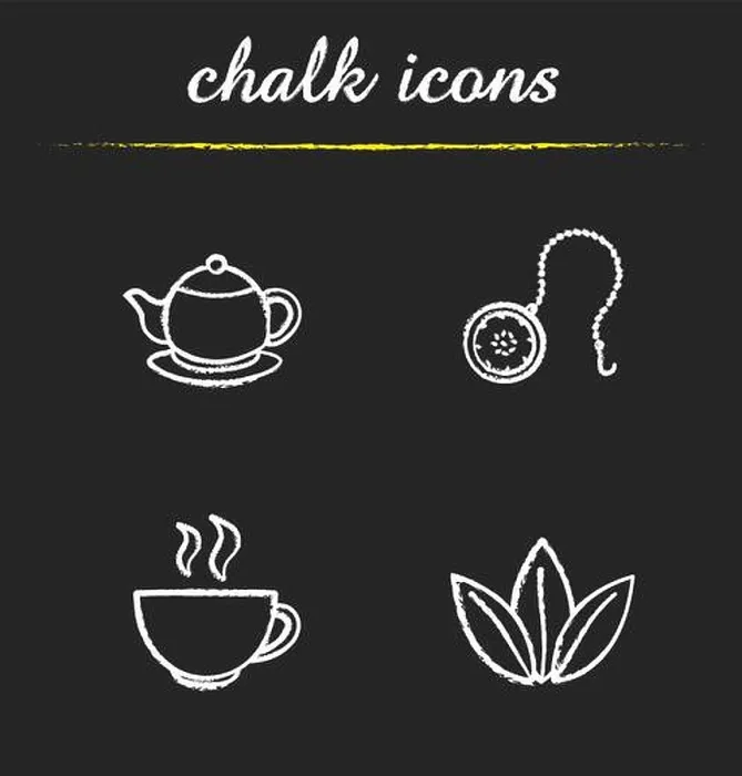 Framed Print : Tea chalk icons set. Teapot, ball infuser