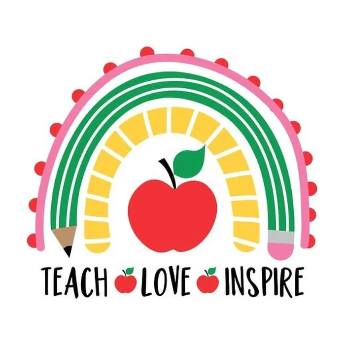Framed Print : Teach Love Inspire - colorful typography design with red apple. Thank you Gift card for Teacher's Day. Vector illustration on white background with re