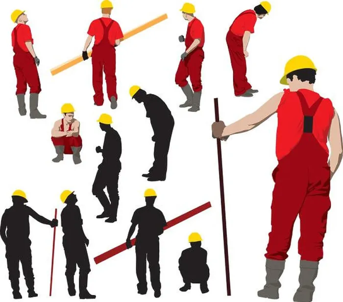 Framed Print : Team of Construction workers in red workwear an yellow helmets. Vector illustration and silhouettes Framed Print : Team of Construction workers in red workwear an yellow helmets. Vector illustration and silhouettes