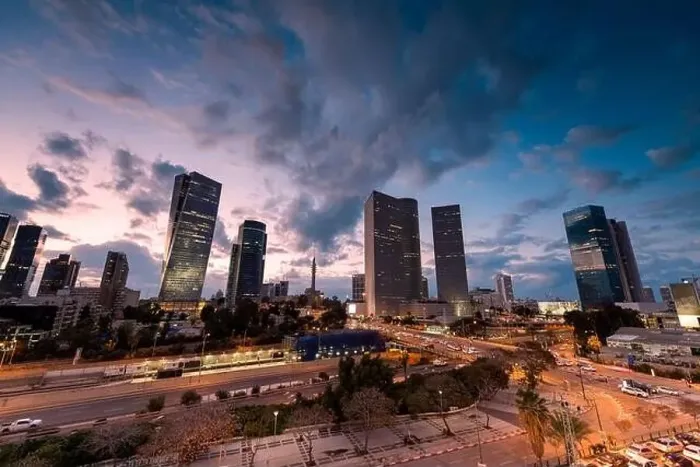 Framed Print : TEL AVIV, ISRAEL - MARCH 1, 2019: Night Aerial view of tel aviv skyline with urban skyscrapers and blue sky, Israel