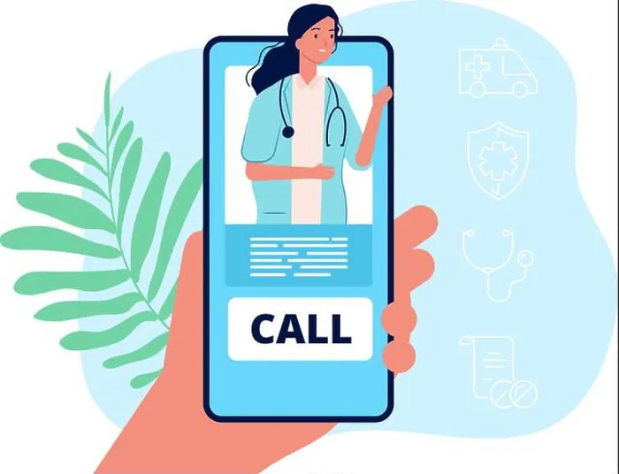 Framed Print : Telemedicine. Hand holding phone, medical mobile service. Remote doctor consultation vector concept Framed Print : Telemedicine. Hand holding phone, medical mobile service. Remote doctor consultation vector concept
