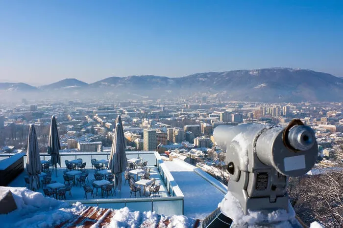 Framed Print : Telescope and terrace of restaurant in winter over snowy Graz, Austria, Europe Framed Print : Telescope and terrace of restaurant in winter over snowy Graz, Austria, Europe