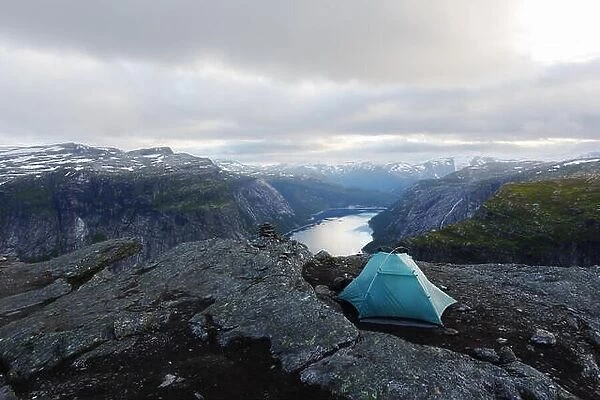 Alone tent on Trolltunga rock