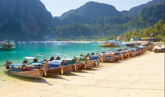 Framed Print : Thailand - Phi Phi Island, Phang Nga Bay, long tail boats on the beach Framed Print : Thailand - Phi Phi Island, Phang Nga Bay, long tail boats on the beach