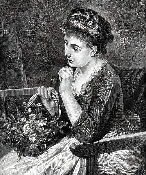 'The Village Belle' - by H. Schlesinger, from the exhibition at the French Gallery, 1876. Engraving of a painting....Herr H