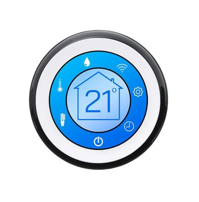 Framed Print : Thermostat displaying temperature in Celsius scale and different icons. Smart home device on white background