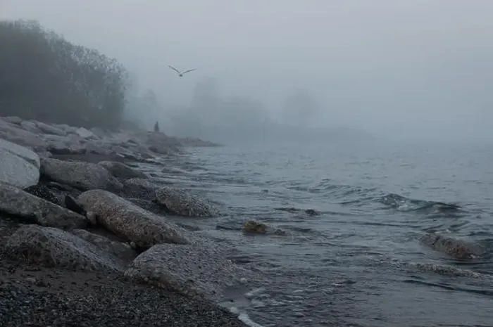 Framed Print : Thick fog on the shore of Lake Ontario in Toronto's Trillium Park with huge boulders in the foreground Framed Print : Thick fog on the shore of Lake Ontario in Toronto's Trillium Park with huge boulders in the foreground