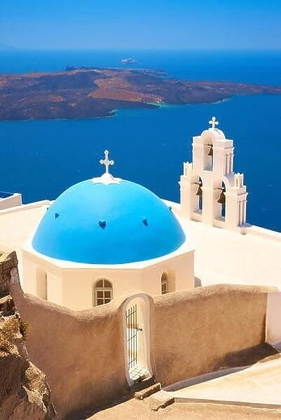 Thira (capital city) - greek church with blue dome, Santorini Island, Cyclades, Greece