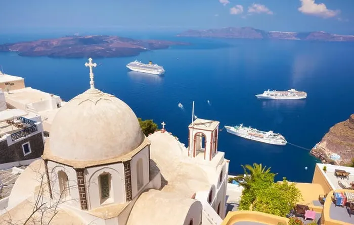 Framed Print : Thira (capital city of Santorini) - greek white church overlooking the cruise ship on Aegean Sea, Santorini Island, Greece Framed Print : Thira (capital city of Santorini) - greek white church overlooking the cruise ship on Aegean Sea, Santorini Island, Greece