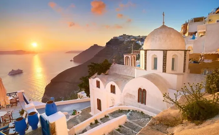 Framed Print : Thira (capital city of Santorini) - landscape with greek white church and sunset over the sea, Santorini Island, Greece