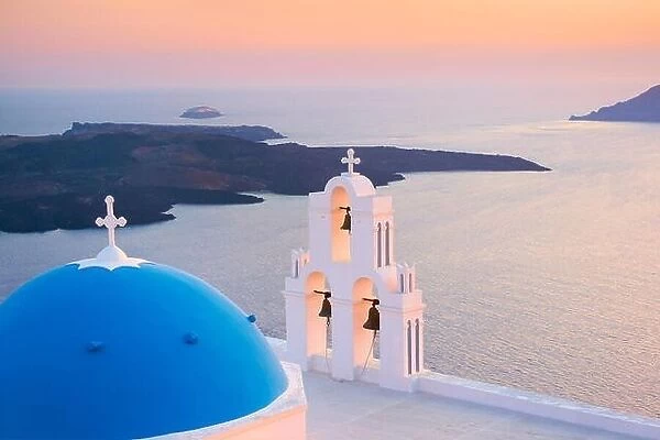 Thira (Fira) Town, popular viewing point of Santorini - landscape with church and sea, Santorini Island, Greece