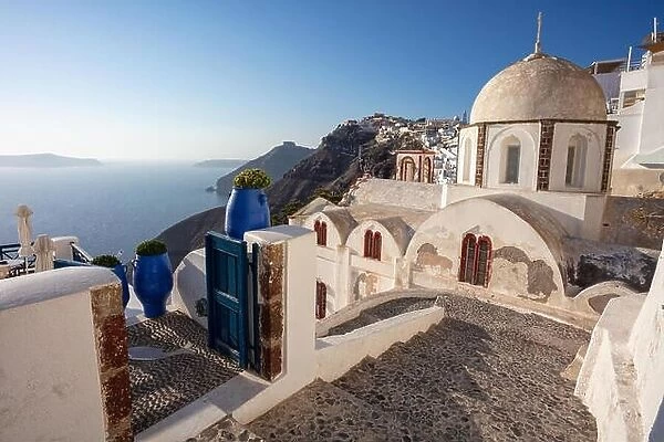Thira, Santorini. Image of famous village Thira located at one of Cyclades island of Santorini, South Aegean, Greece