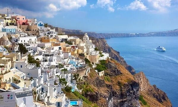 Thira Town (capital city of Santorini), village situated on the cliff, Santorini Island, Cyclades, Greece