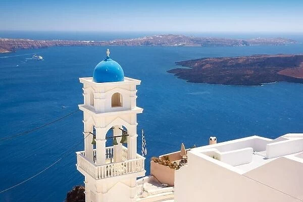 Thira - white bell tower overlooking the sea, Santorini Island, Cyclades, Greece