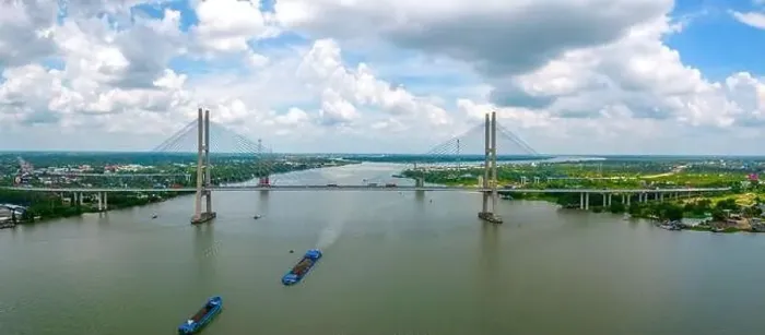 Framed Print : My Thuan bridge, Vinh Long city, Vietnam, aerial view. My Thuan bridge is famous bridge in mekong delta, Vietnam Framed Print : My Thuan bridge, Vinh Long city, Vietnam, aerial view. My Thuan bridge is famous bridge in mekong delta, Vietnam