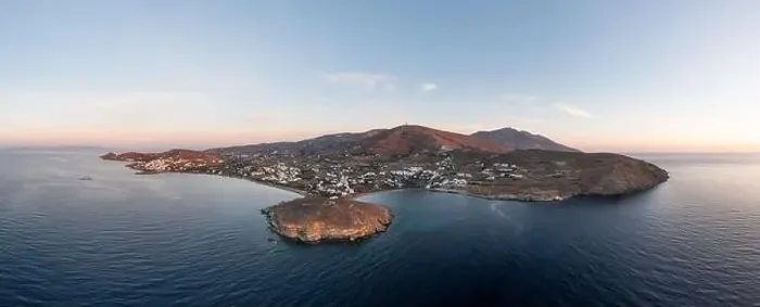 Framed Print : Tinos island, Cyclades Greece. Aerial panoramic drone view of Agios Ioannis bay at sunset Framed Print : Tinos island, Cyclades Greece. Aerial panoramic drone view of Agios Ioannis bay at sunset