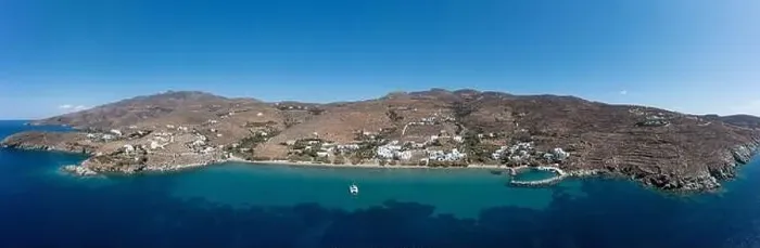 Framed Print : Tinos island, Cyclades Greece. Aerial panoramic drone view of Agios Romanos sandy beach Framed Print : Tinos island, Cyclades Greece. Aerial panoramic drone view of Agios Romanos sandy beach