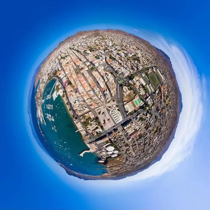 Framed Print : Tiny planet Aerial view of Laginha beach in Mindelo city in Sao Vicente Island in Cape Verde Framed Print : Tiny planet Aerial view of Laginha beach in Mindelo city in Sao Vicente Island in Cape Verde