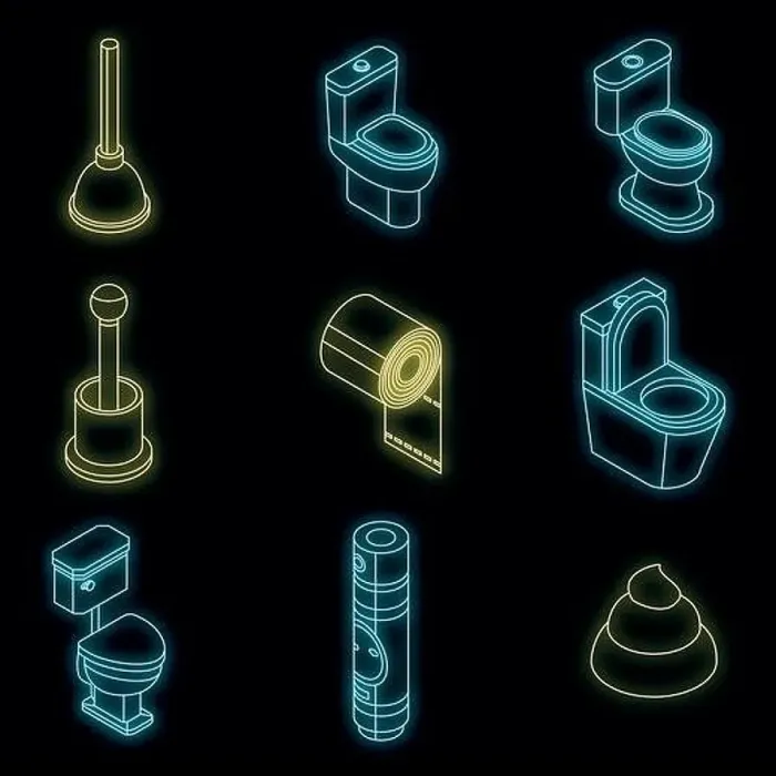 Framed Print : Toilet bathroom icon set. Isometric set of toilet bathroom vector icons neon on black