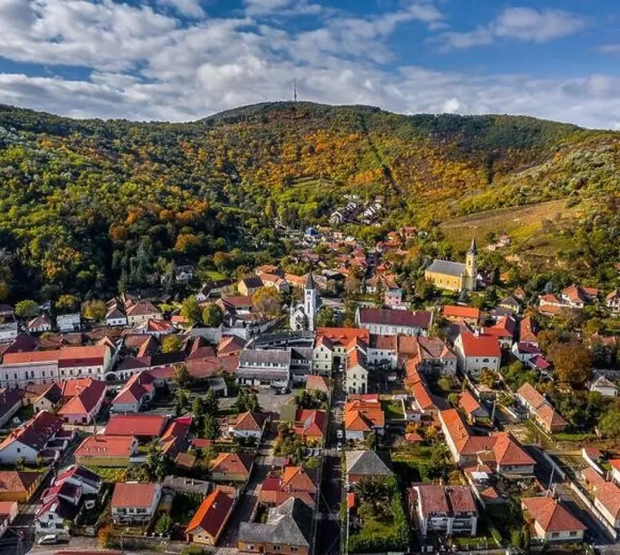 Framed Print : Tokaj, Hungary - Aerial view of the town of Tokaj on a sunny autumn morning with blue sky and clouds Framed Print : Tokaj, Hungary - Aerial view of the town of Tokaj on a sunny autumn morning with blue sky and clouds