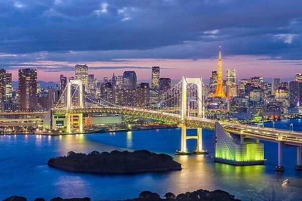Tokyo Bay, Japan skyline with the bridge and tower at twilight