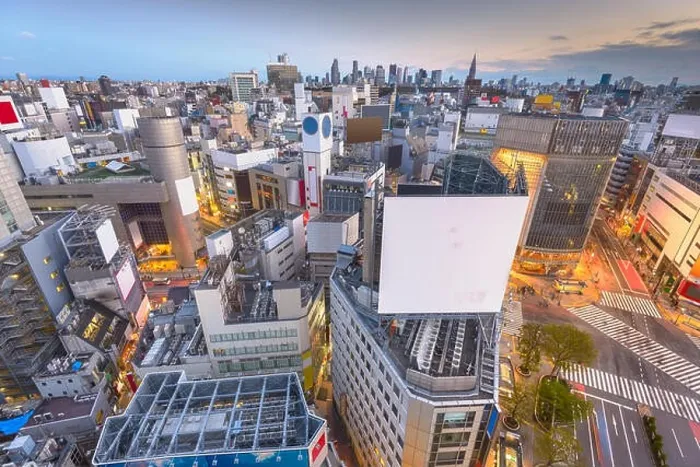 Framed Print : Tokyo, Japan city skyline over Shibuya Crossing at dusk with copy space Framed Print : Tokyo, Japan city skyline over Shibuya Crossing at dusk with copy space