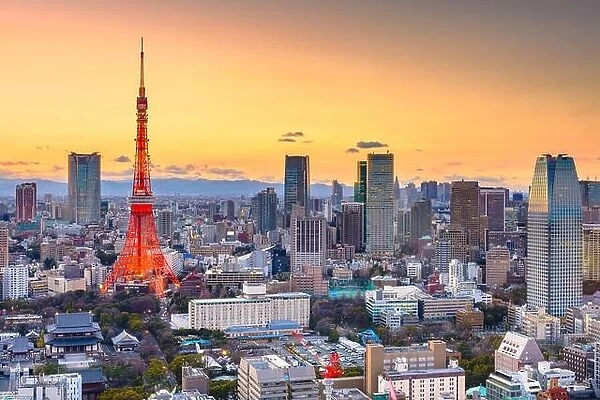 Tokyo, Japan cityscape panorama and tower at sunset with Mt. Fuji peaking over the horizon in the distance
